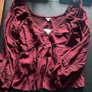 Women's Burgundy Peasant Blouse with Lace Detail